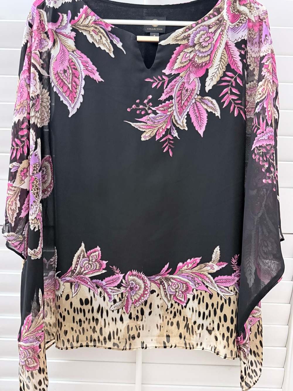 JM Collection Black Tunic with Pink Floral & Tan Animal Border